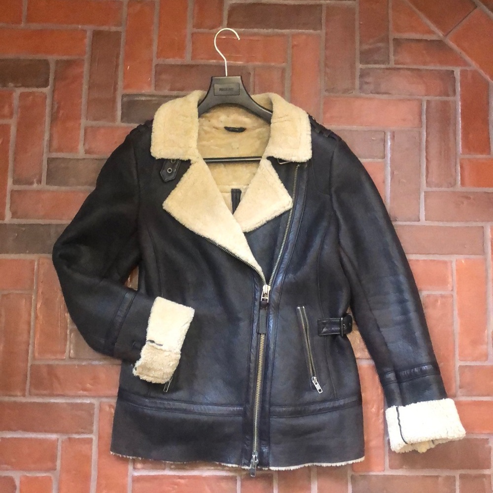 MACKAGE Aviator Bomber Genuine Leather & Shearling Jacket RARE